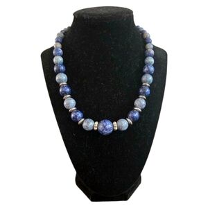 Vintage Blue Graduated Bead Necklace with Silver Accents